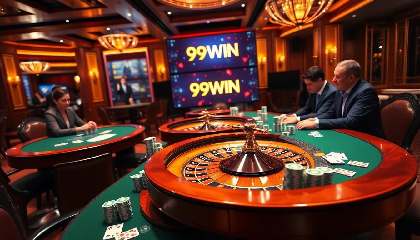 Experience exhilarating gameplay at 99WIN with vibrant casino tables, poker chips, and a roulette wheel.