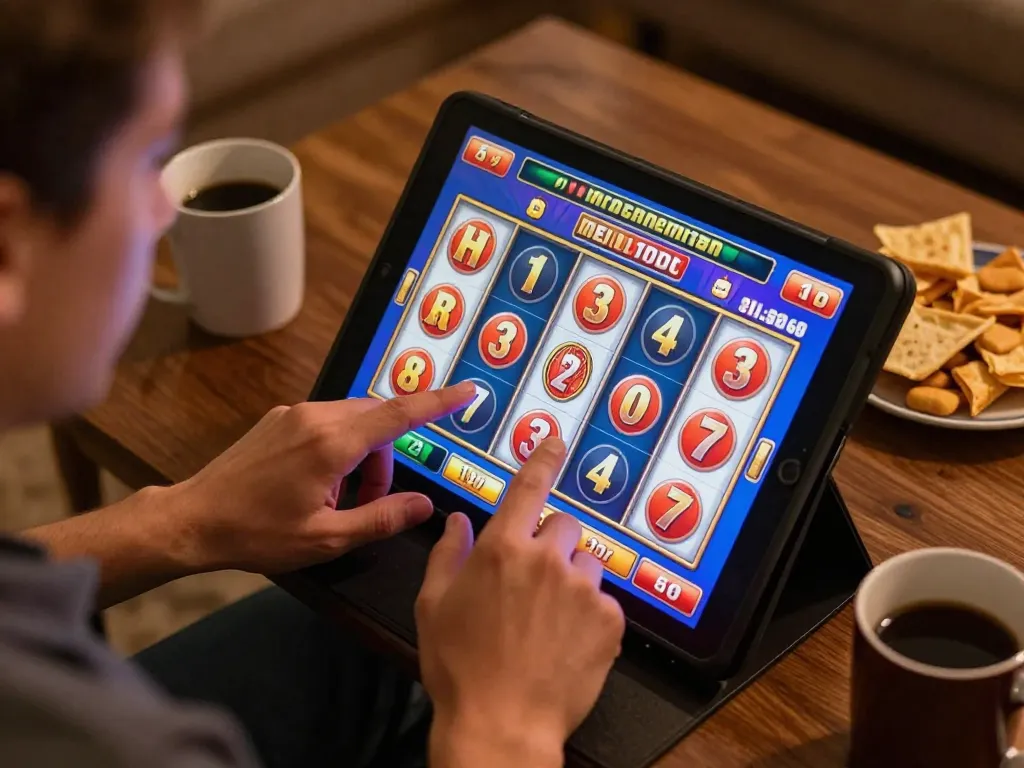 Player engages with tr88 slot machine on tablet, showcasing vibrant interface in cozy home setting.