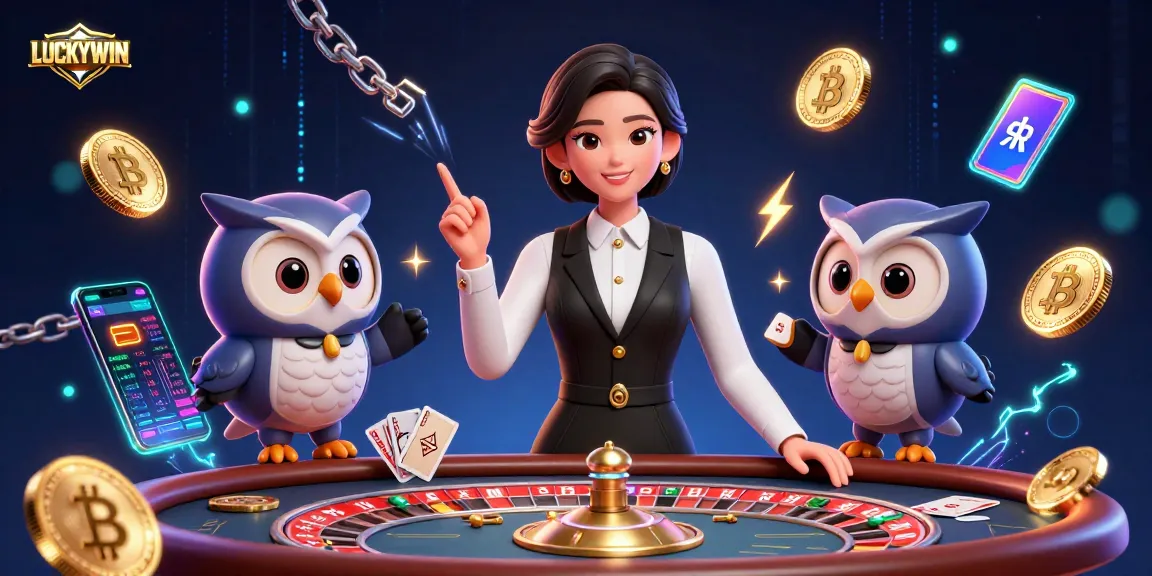 LUCKYWIN engages players with an immersive baccarat experience featuring an elegant dealer and vibrant elements.