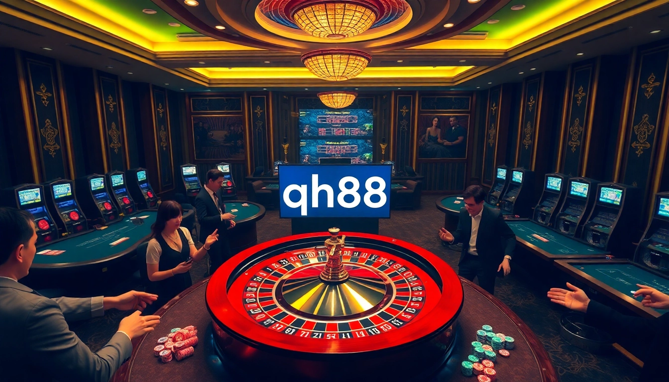 Players enjoying a thrilling game of roulette at qh88 casino with vibrant atmosphere and luxurious interiors.