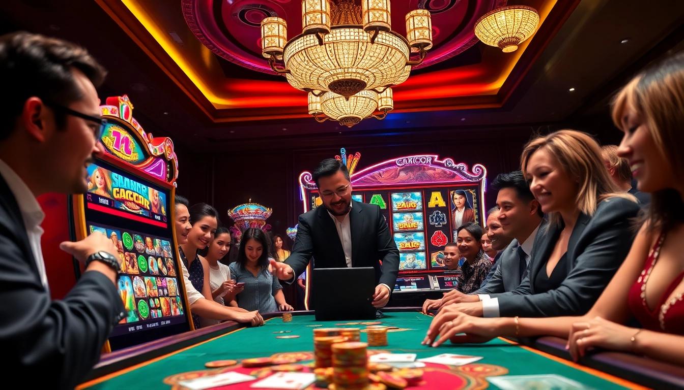 Players enjoying exciting Slot Gacor games at a luxurious casino setting, showcasing vibrant reels and thrilling atmosphere.