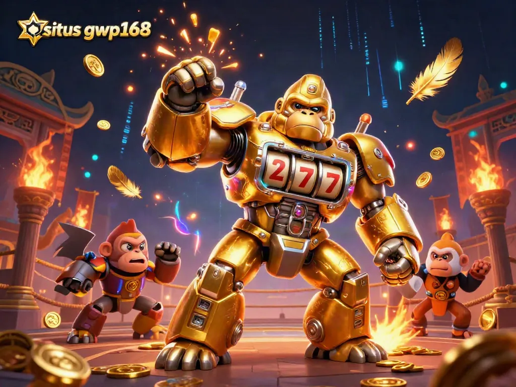 Jelajahi situs gwp168 dengan mesin slot bergaya 3D yang menampilkan gorila emas bercampur teknologi.
