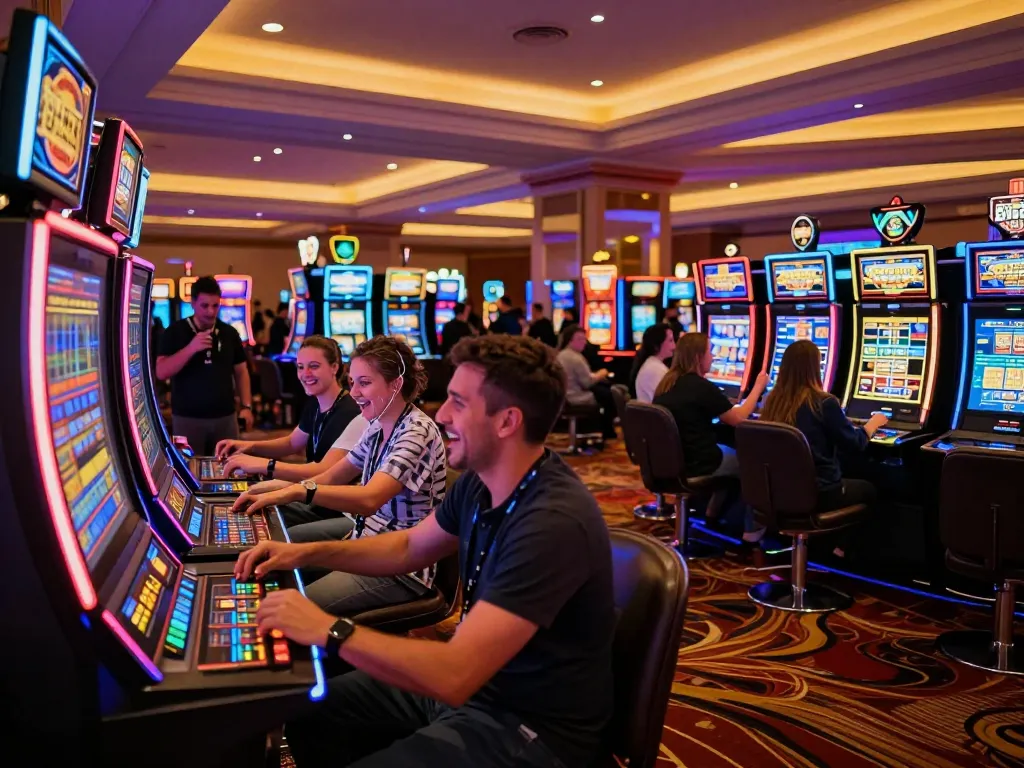 Players enjoying da88 slot machine games with vibrant colors and digital displays in an exciting casino atmosphere.