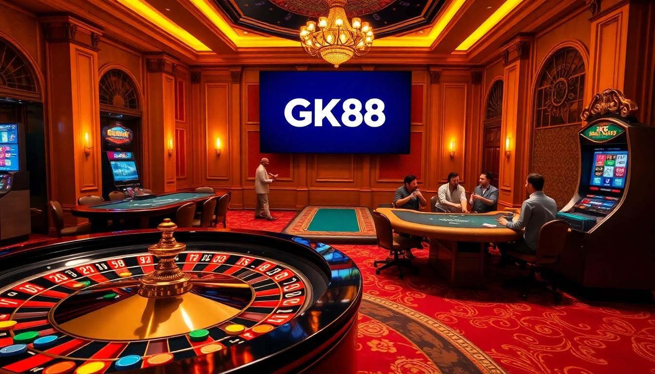 Experience the thrill of GK88 with players at poker tables and vibrant roulette games.