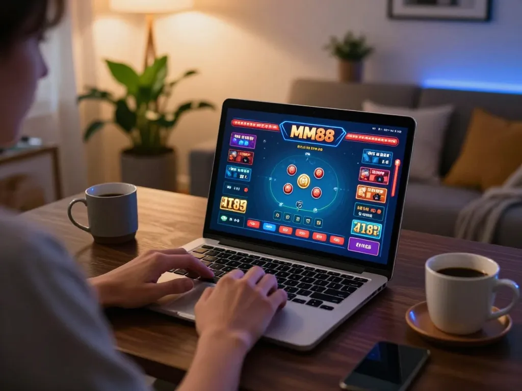 Players engaging in an exciting MM88 poker game online, showcasing gaming strategy and a cozy home setup.