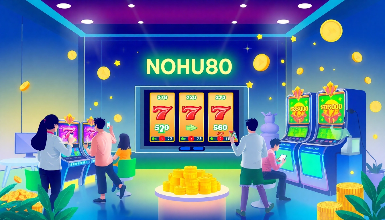 NOHU90 engaging gaming scene with vibrant slot machines, showcasing big jackpots and excited players.