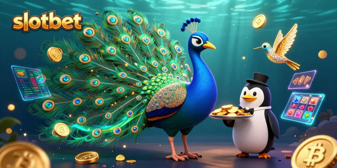 Experience the excitement of slotbet with a vibrant casino scene featuring a peacock, penguin, and hummingbird.