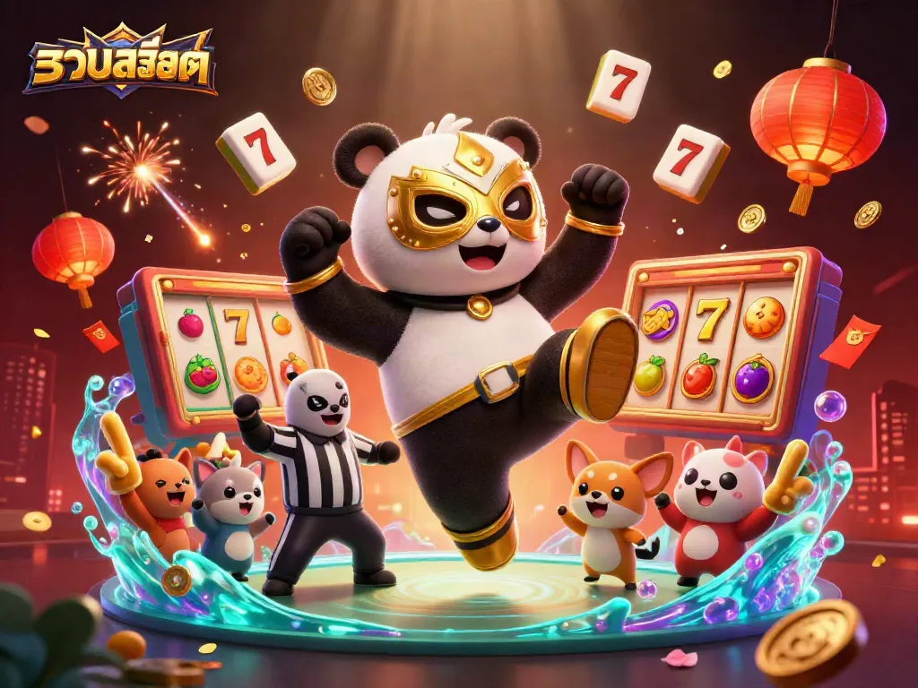 Action-packed scene of มาเกมสล็อต featuring the panda wrestling character, lively crowd, and slot machine elements.