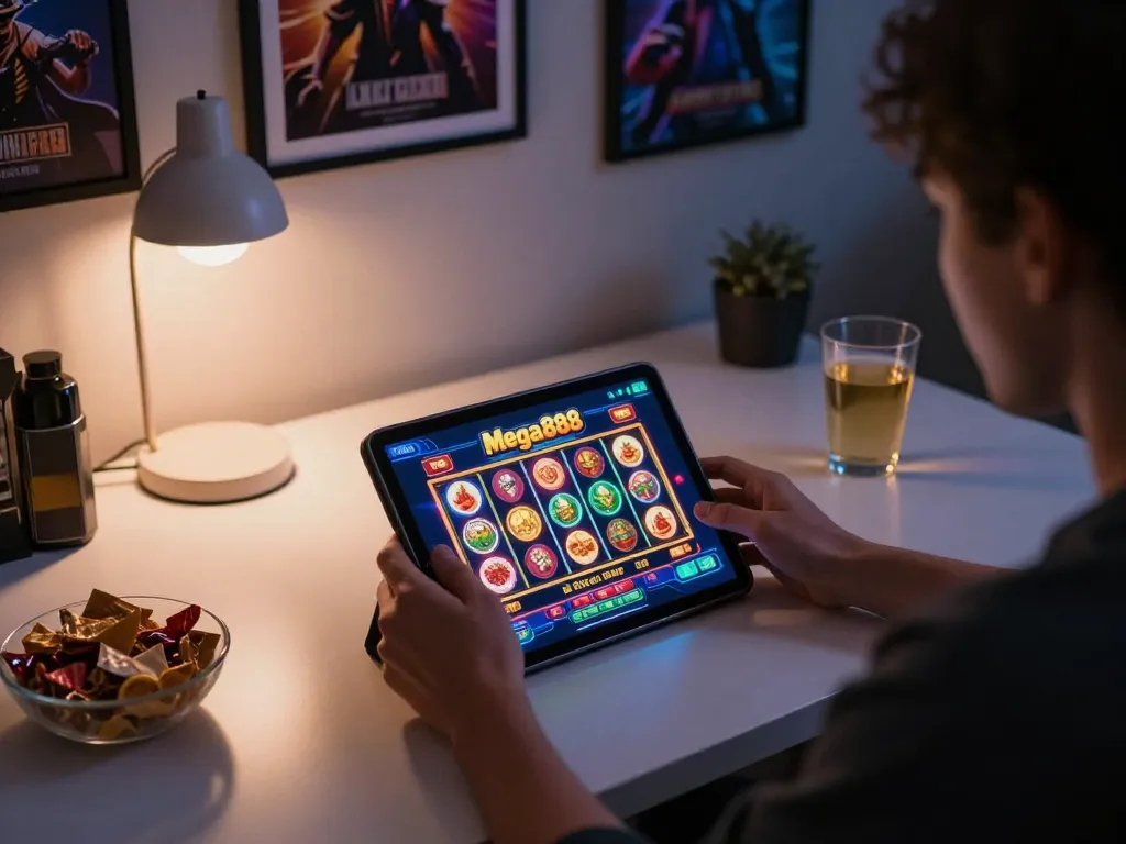 Mega888 app gameplay on a tablet, showcasing vibrant slot game graphics in a cozy home setting.
