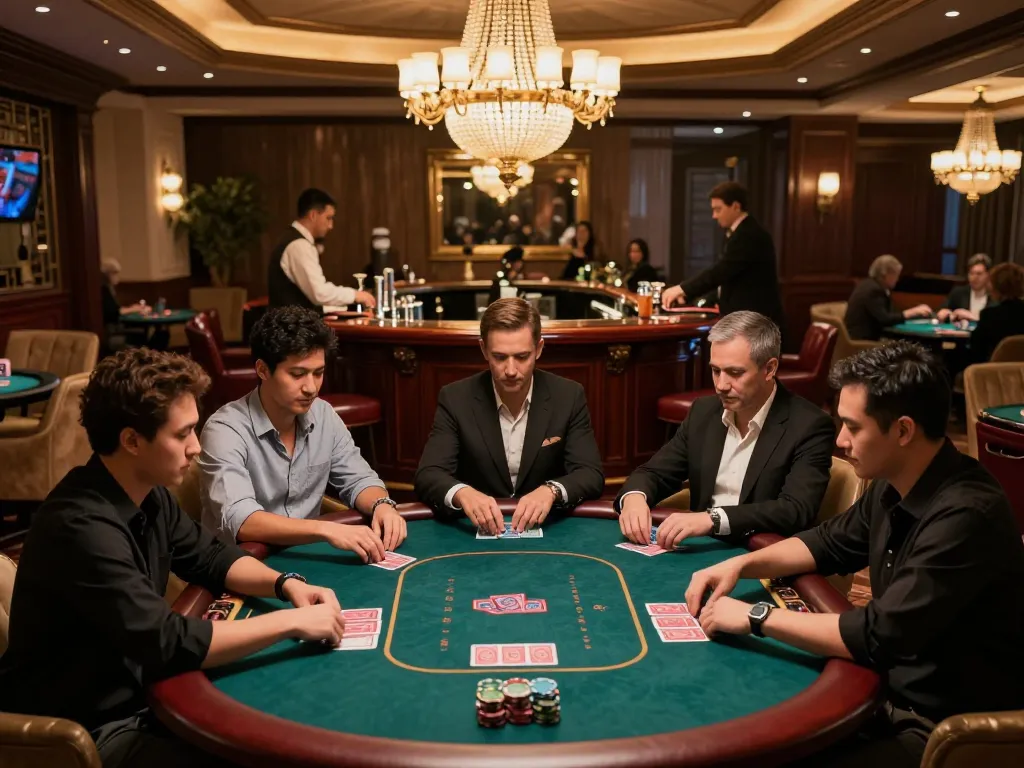 Players strategizing at a poker table in an upscale casino while enjoying paris888 gambling