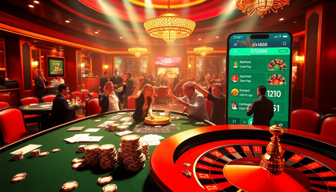 Experience thrilling gameplay at xx88 with an exciting casino scene featuring live action, betting tables, and casino ambiance.