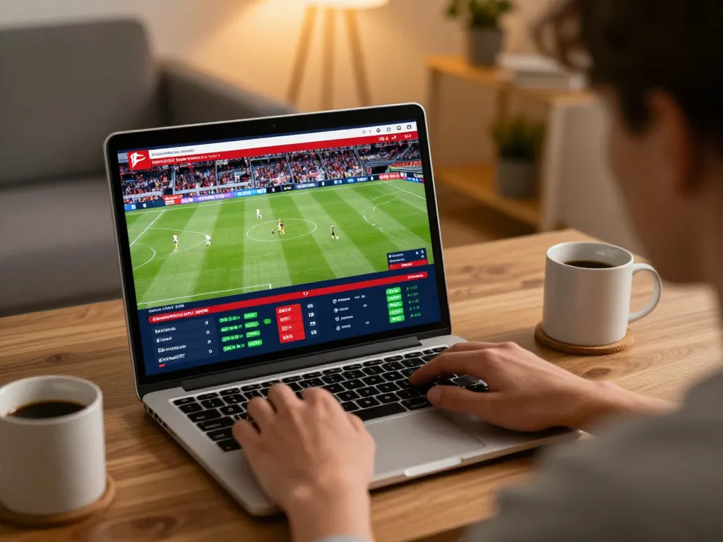 Engaging in live sports betting on nk88 with user analyzing odds on a laptop in a cozy home setting