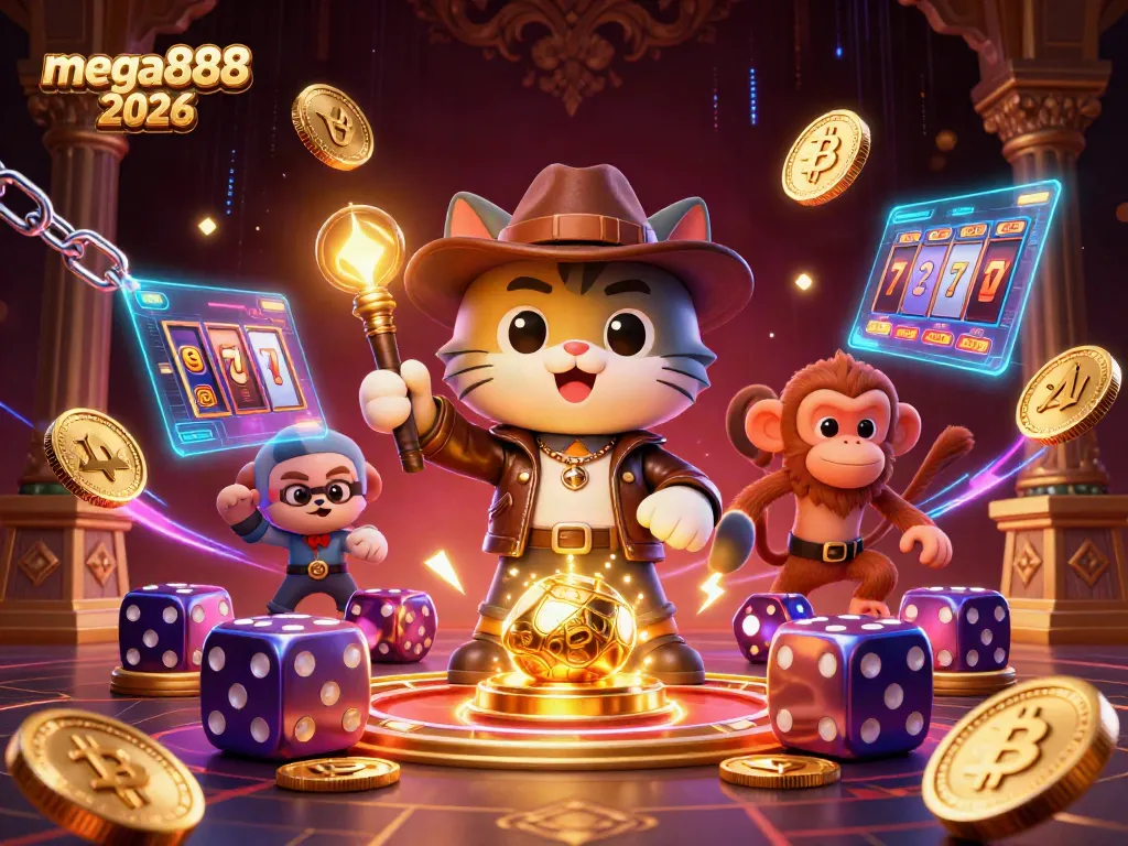 Engage with mega888 2026 as the cat archaeologist discovers golden artifacts amidst casino excitement.