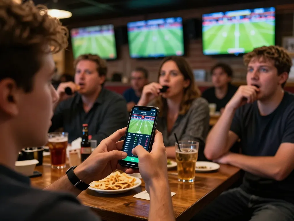 person betting on god55 during a live football match in a lively sports bar