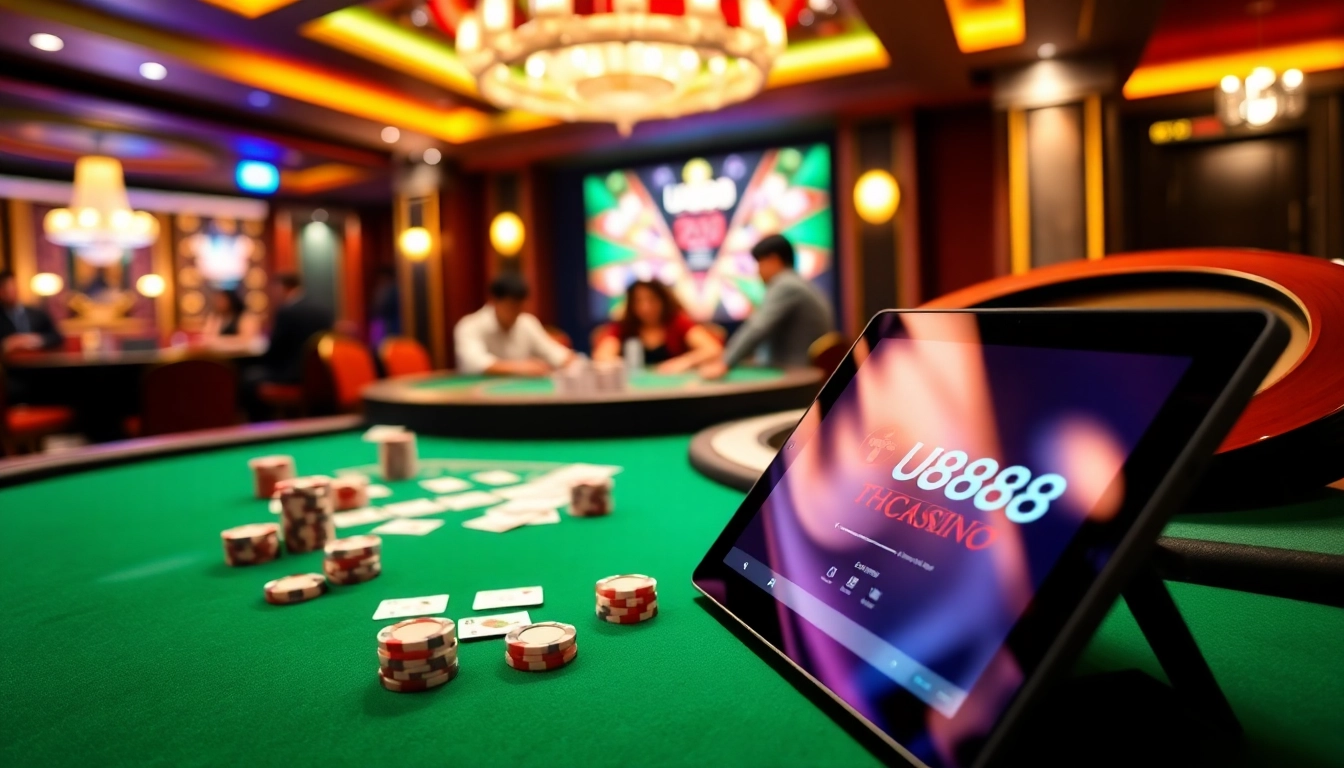 Engage with the exciting atmosphere of U888 casino while playing at an elegant gaming table.