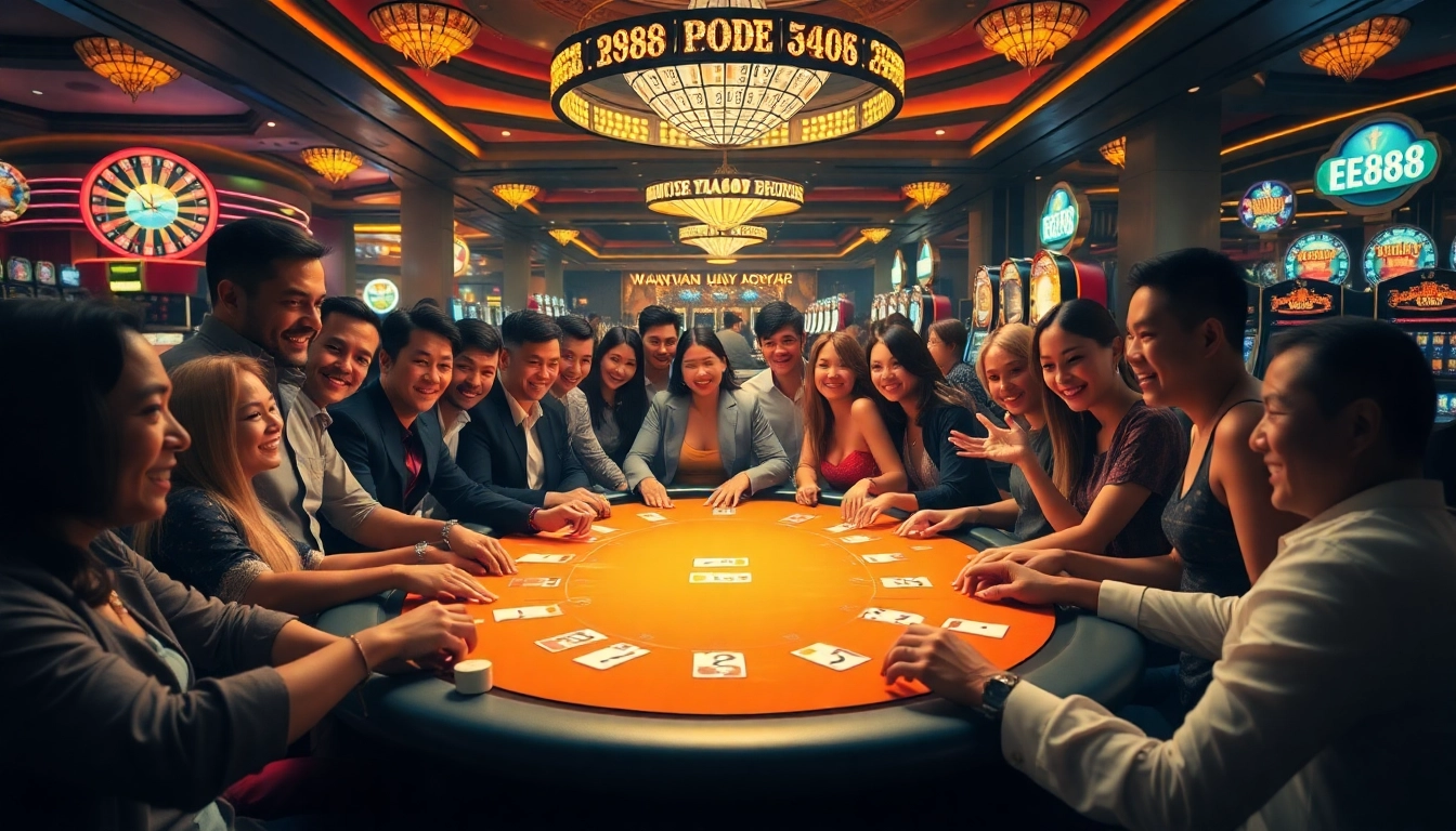 Experience the thrill of poker at Ee88 casino with professional dealers and vibrant gaming atmosphere.
