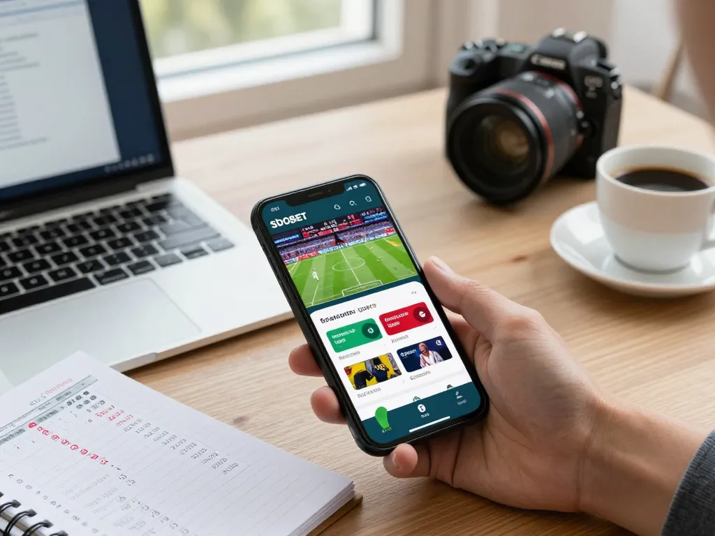 sbobet sports betting displayed on smartphone amidst modern home office setup with notebooks and coffee.