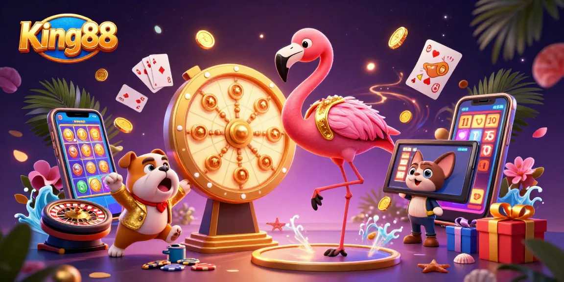 Experience the excitement of King88 with a vibrant 3D casino scene showcasing a flamingo host and thrilling gambling elements.