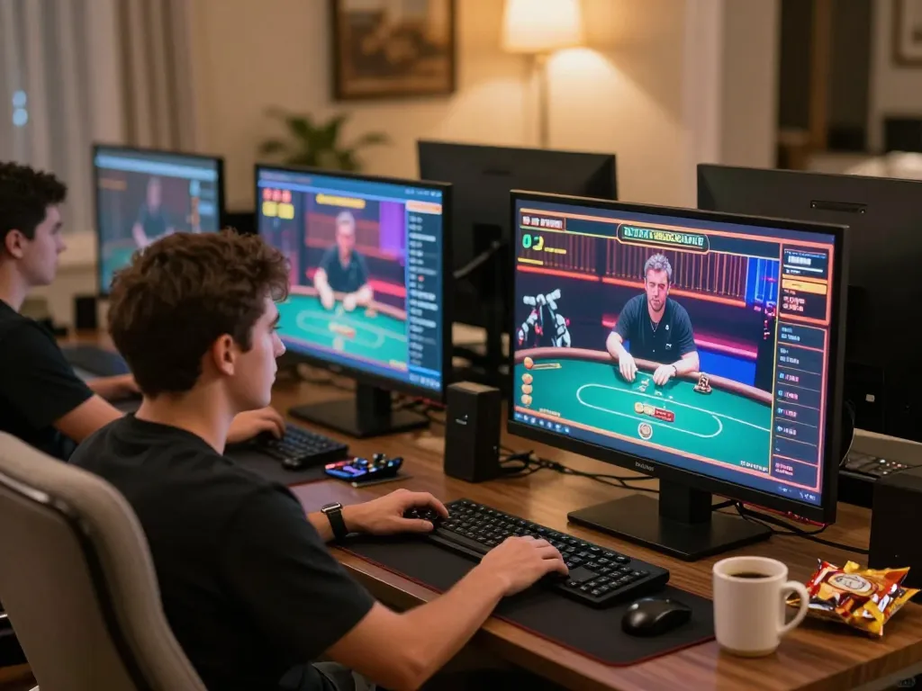 Engaged player at home using tablet for online casino gaming at FC88, strategic moments in poker unfolding