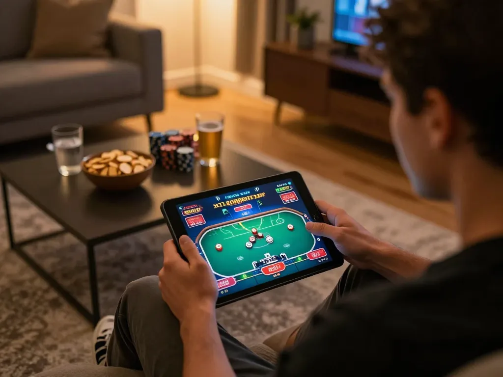 Watch exciting poker gameplay on taixiusunwin.art's tablet in a cozy home setting
