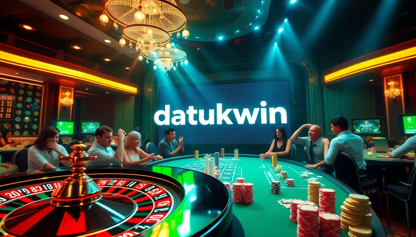 Pemain yang terlibat di kasino yang dinamis, merayakan kemenangan dengan branding datukwin.