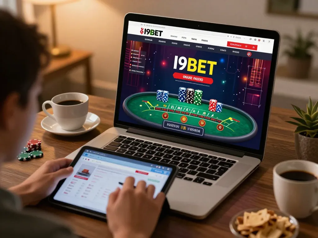 I9BET player enjoying an interactive blackjack game on a laptop, showcasing vibrant gameplay.