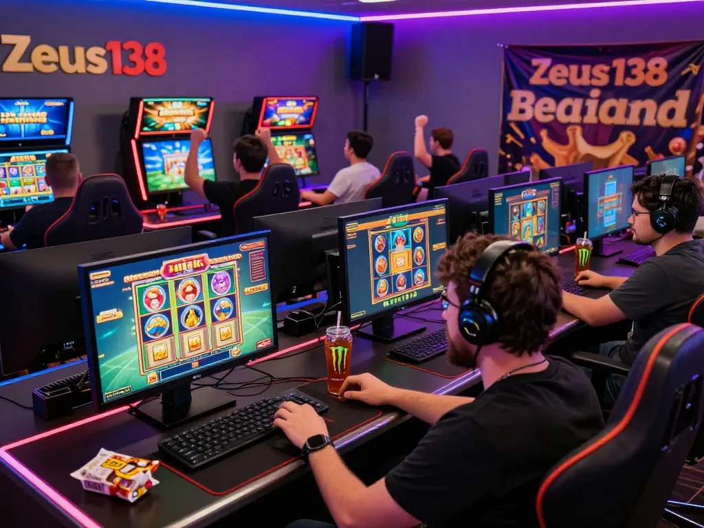 Engaged players enjoying Zeus138 online slots with vibrant displays and gaming gear.