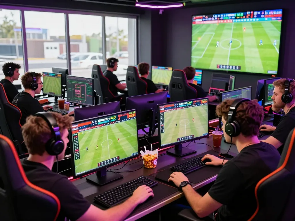 SBOBET88 live betting scene with players, computers, and vibrant atmosphere