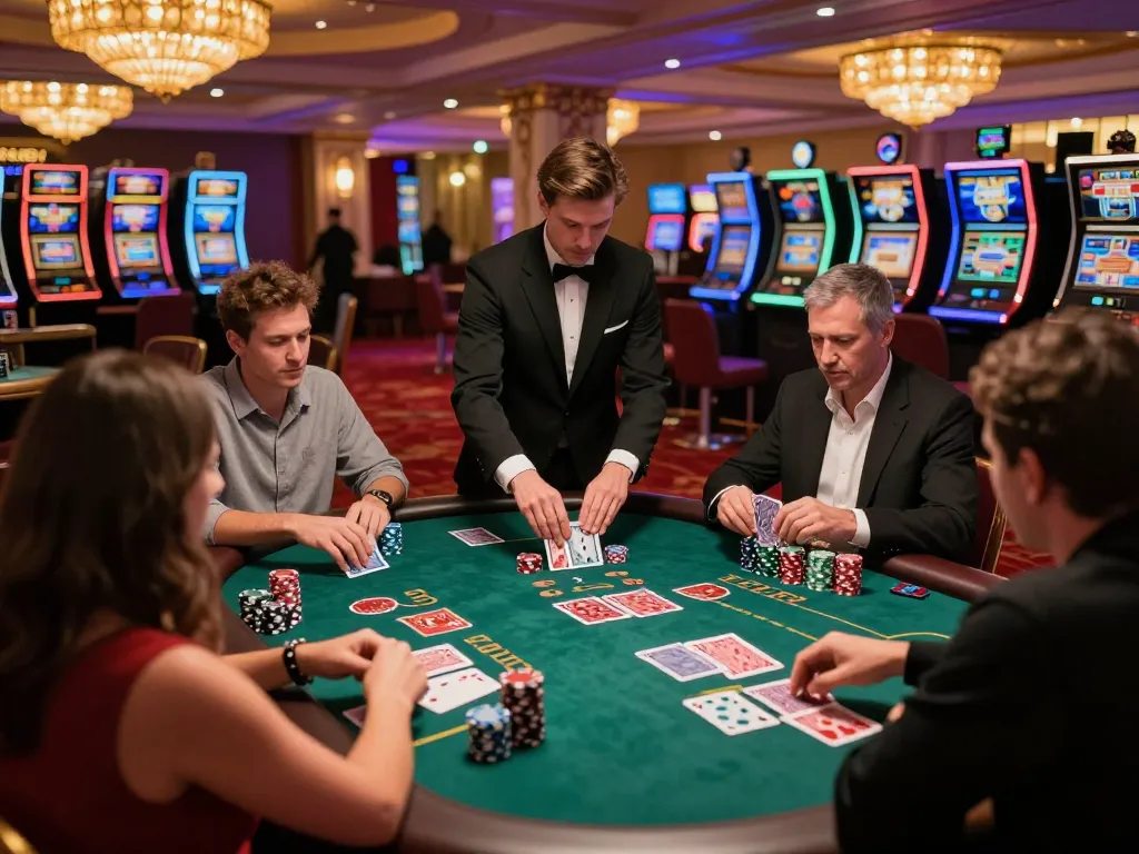 Players strategizing at a blackjack table with intense focus and vibrant atmosphere, showcasing sc881