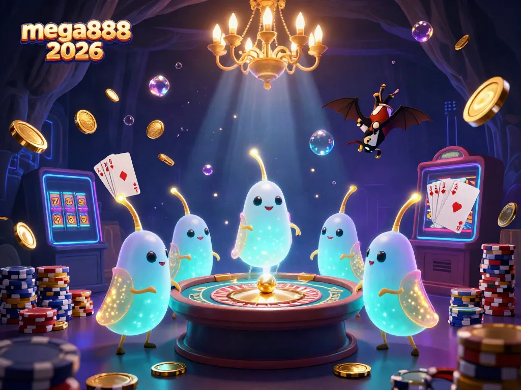 Engage with mega888 2026 by experiencing a lively casino scene illuminated by glowworms and filled with vibrant gaming elements.