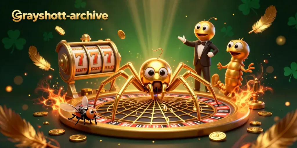 Experience the thrill of Grayshott-archive's vibrant casino atmosphere with a whimsical 3D scene of a golden spider and playful characters.