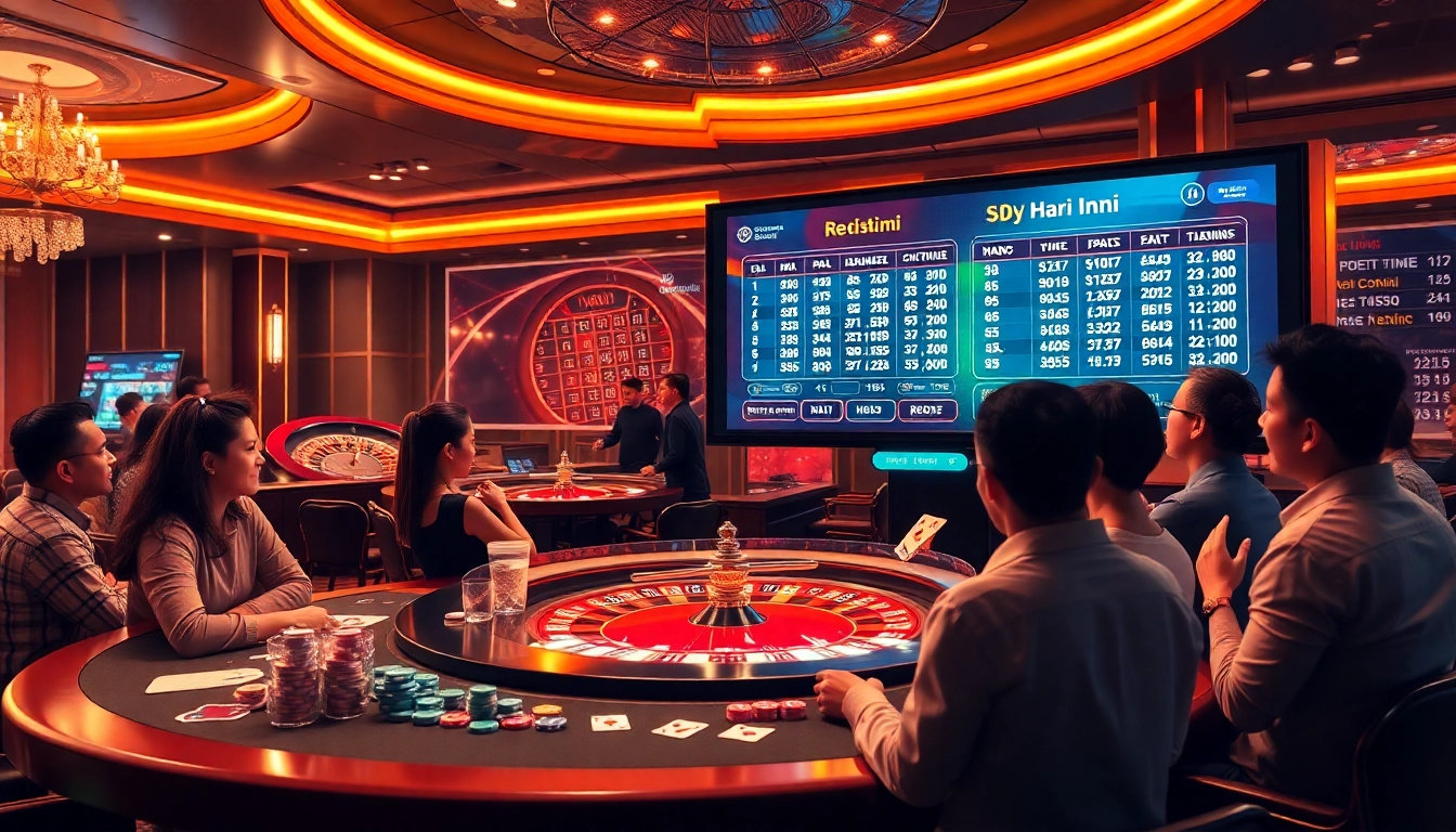 Engaged gamblers watching live draw sdy hari ini results on a sleek casino interface.