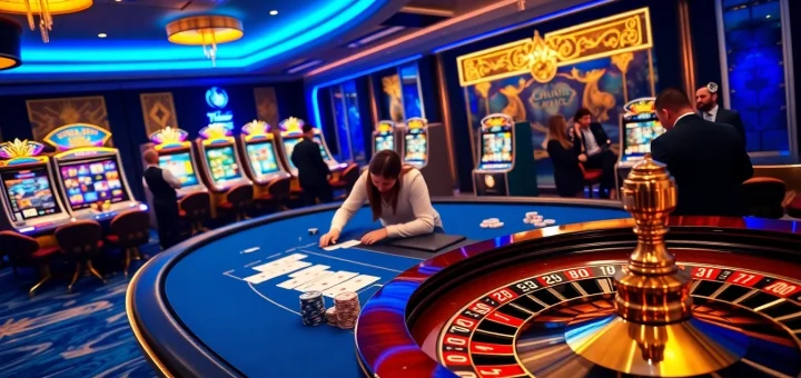 Engaging scene at a casino featuring players enjoying the ph365 blue edition poker table and roulette wheel.