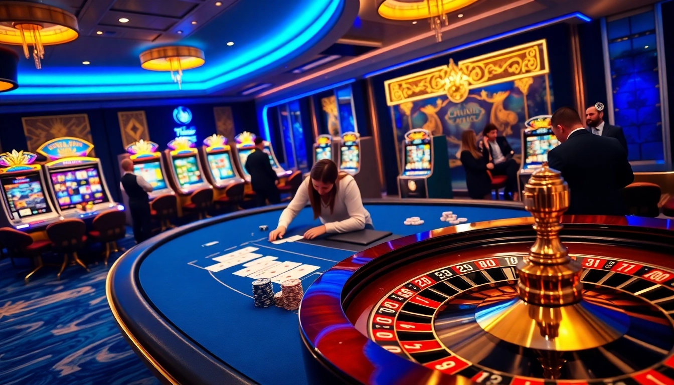 Engaging scene at a casino featuring players enjoying the ph365 blue edition poker table and roulette wheel.
