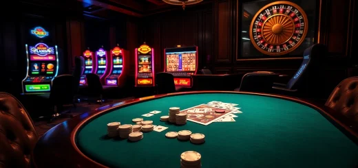 KJC poker table with vibrant chips and cards, enticing gamblers with high stakes.