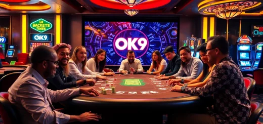 Players enjoying a thrilling game at the OK9 poker table with vibrant chips and cards.