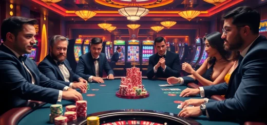 Kuwin players engaged at a high-stakes poker table with colorful chips and a vibrant casino atmosphere.