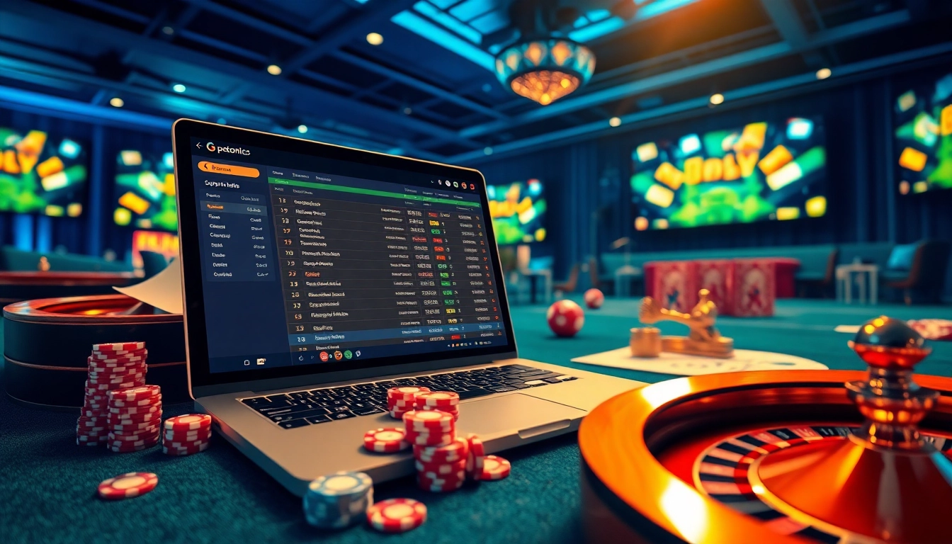 Engage in แทงบอล with vibrant online betting interfaces and colorful slips amidst a lively casino atmosphere.