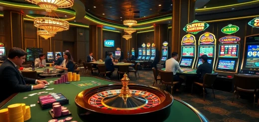 Players enjoying thrilling games at KK55 online casino with vibrant slot machines and a roulette wheel.