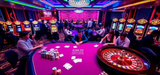 K9K9 players enjoying a vibrant casino atmosphere with poker and slot games.
