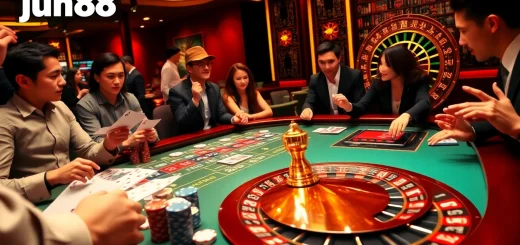 Players strategizing at the jun88 casino table, showcasing excitement and luxury in a rich gaming environment.