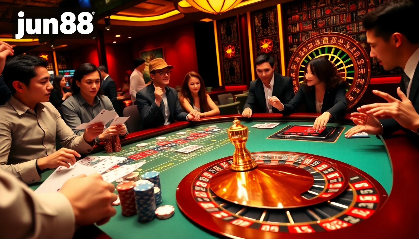 Players strategizing at the jun88 casino table, showcasing excitement and luxury in a rich gaming environment.