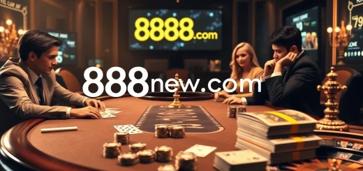 Engage in high-stakes poker at 888new.com with vibrant chips and cards shining under golden lights.