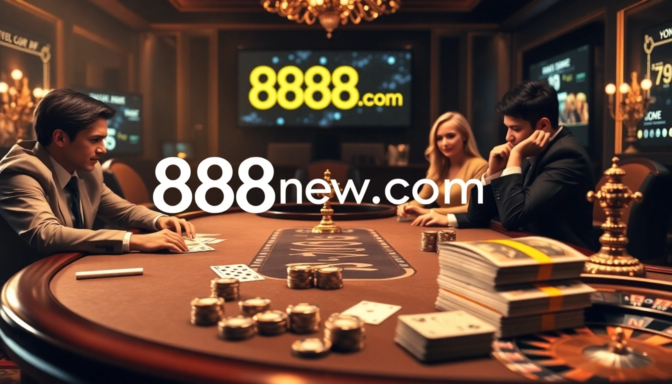 Engage in high-stakes poker at 888new.com with vibrant chips and cards shining under golden lights.