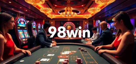 Exciting Blackjack and Poker games at 98win casino, featuring luxurious tables and vibrant slot machines.