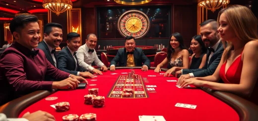 Experience the excitement of Rikvip with players engaged in a thrilling poker game in a luxurious casino setting.