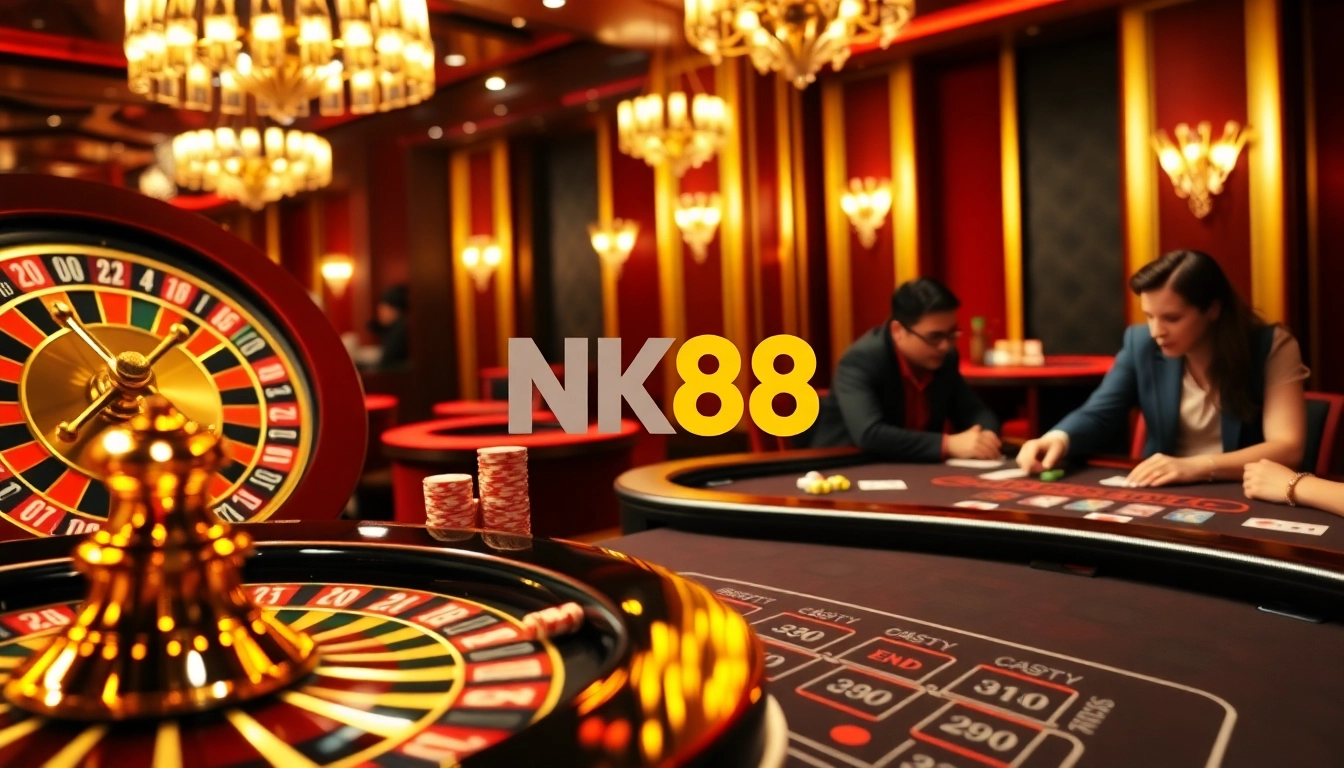NK88 players engage in a thrilling game at a luxurious casino table, exuding excitement.