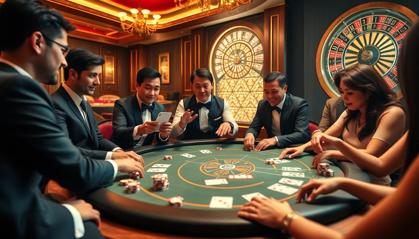 K88 players enjoying an exciting game at a luxurious casino poker table.