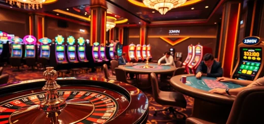 Experience the thrill of 33WIN's vibrant casino atmosphere with poker chips and roulette wheels.