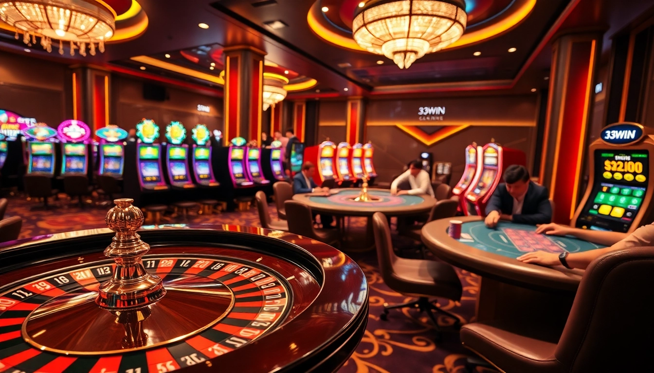 Experience the thrill of 33WIN's vibrant casino atmosphere with poker chips and roulette wheels.